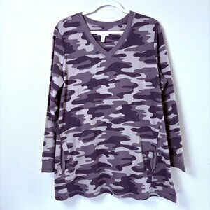 Denim & Co Active Camo French Terry Tunic Top Size L Gray Pockets Long Sleeve